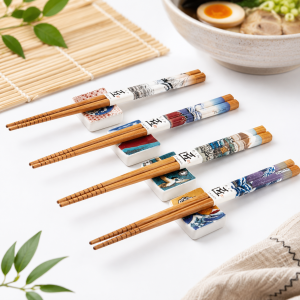 Przejdź do produktu Zestaw Pałeczek Z Podstawkami x4 Motyw Japoński do Sushi Ramen Udon Ryżu
